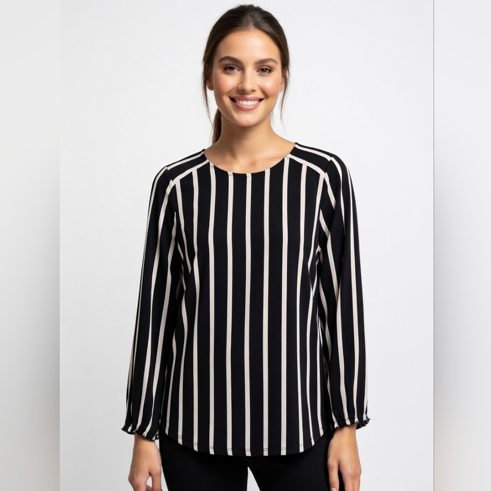 Adrianna Papell Black and Cream Vertical-Stripe Long-Sleeve Top